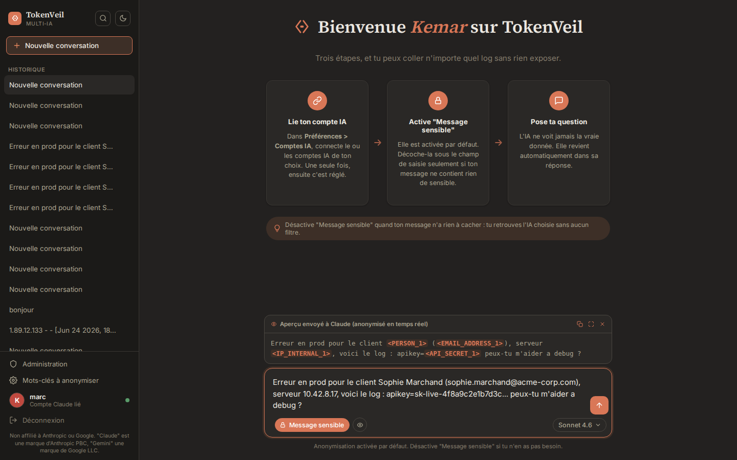 Screenshot of TokenVeil anonymizing a message in real time before sending it to Claude or Gemini